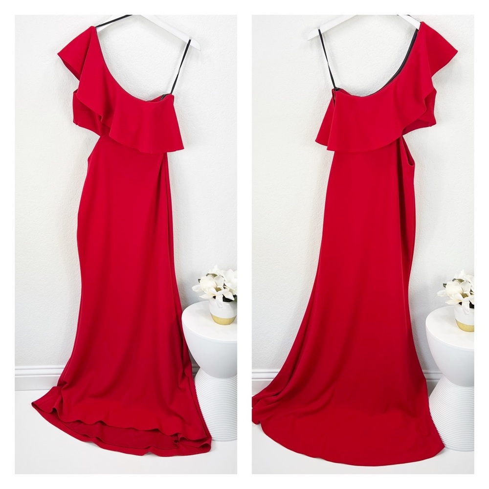 Red One-Shoulder Ruffle Evening Dress